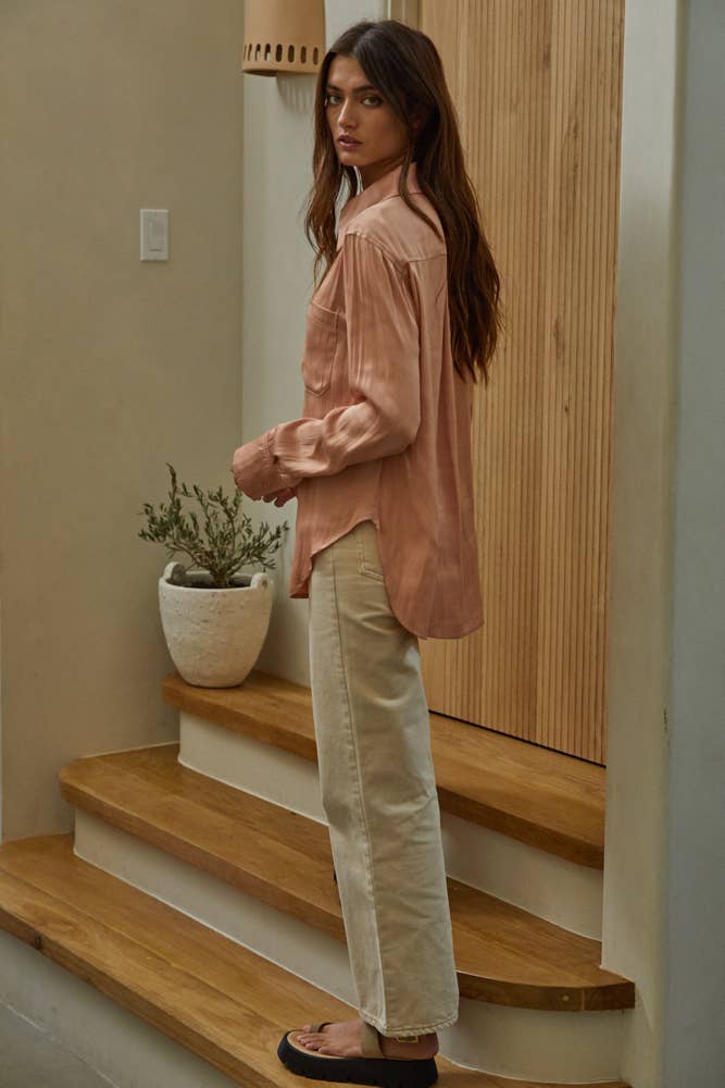 Woven Polyester Satin Button Down Long Sleeve Top