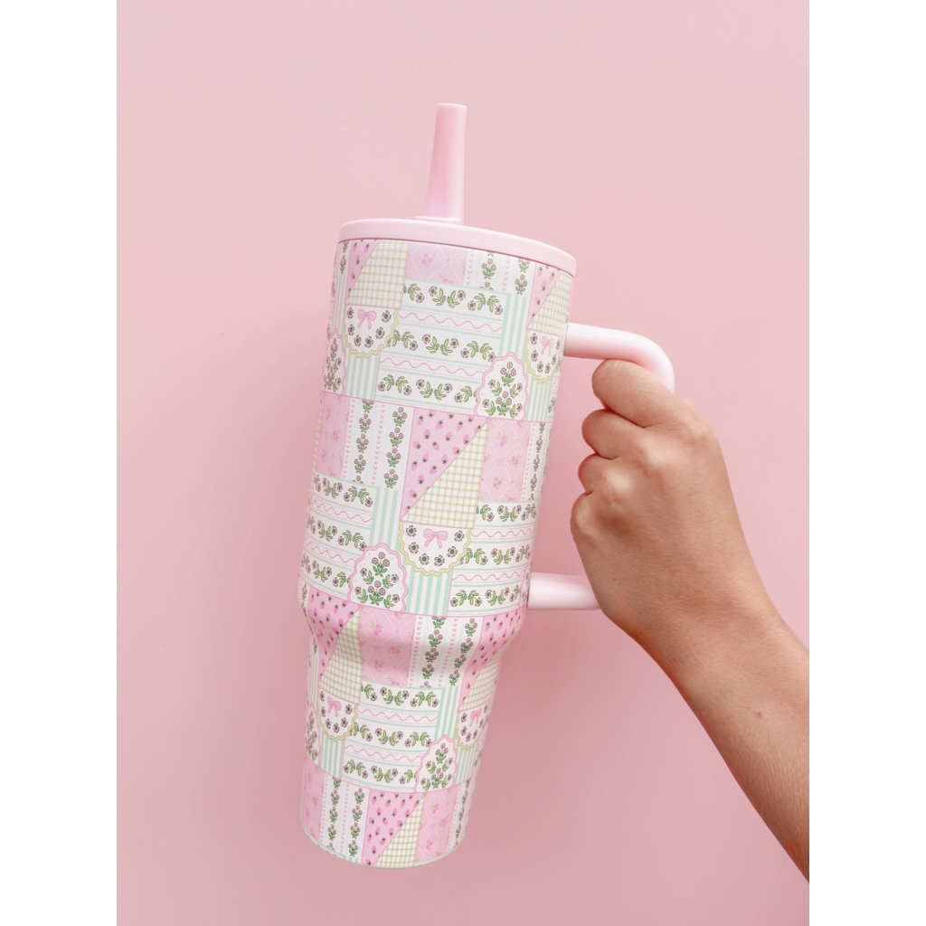 Floral Patchwork 40oz Tumbler - Spill Proof Lid + Flip Straw
