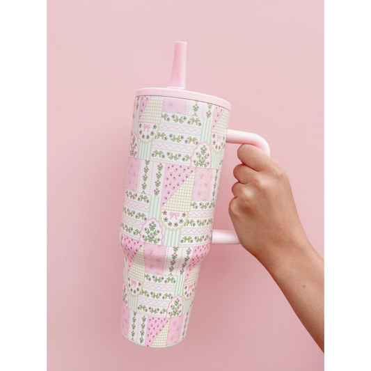 Floral Patchwork 40oz Tumbler - Spill Proof Lid + Flip Straw